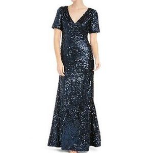 Calvin Klein Short Sleeve Sequined Gown Navy 6
